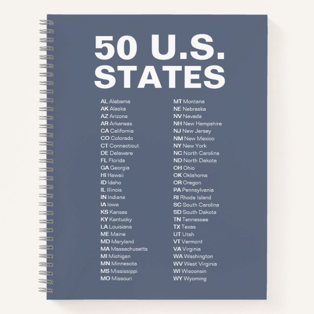 50 U.S. States Abbreviations List Spiral Notebook (Front)