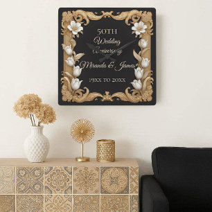 50 Wedding Anniversary Baroque Elegant Tulip Frame Square Wall Clock