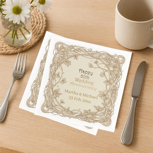 50 Wedding Anniversary Typography Gold Vine Frame  Napkin (50 Wedding Anniversary Typography Gold Vine Frame Napkins)