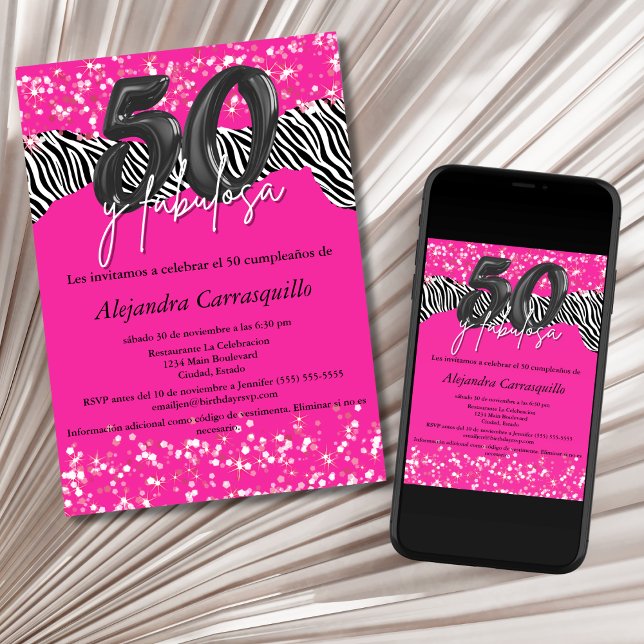 50 y Fabulosa Hot Pink Zebra Spanish 50th Birthday Invitation (Creator Uploaded)