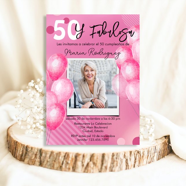 50 y Fabulosa Pink Photo Spanish 50th Birthday Invitation (Creator Uploaded)