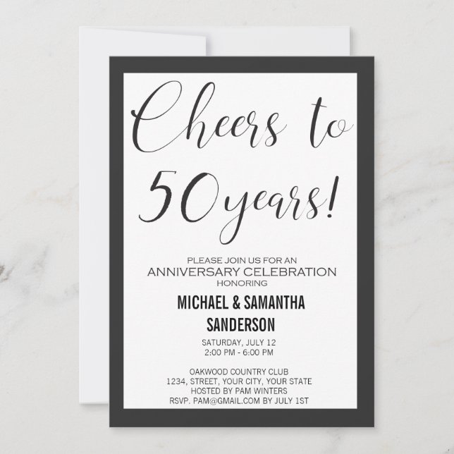 50 Year Anniversary Wedding Black & White Modern  Invitation (Front)