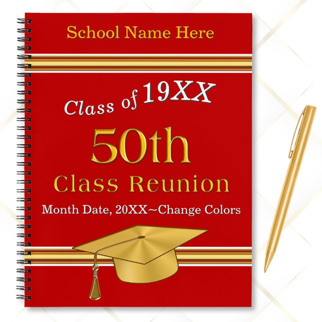 50 year Class Reunion Ideas, Customisable Deluxe  Notebook (50th Class Reunion Party Supplies. 50 year reunion sign up book. Red personalized deluxe notebook.)