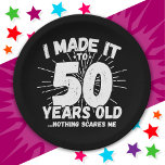 50 Year Old Sarcastic Meme Funny 50th Birthday Paper Plate<br><div class="desc">This funny 50th birthday design makes a great sarcastic humour joke or novelty gag gift for a 50 year old birthday theme or surprise 50th birthday party! Features 'I Made it to 50 Years Old... Nothing Scares Me' funny 50th birthday meme that will get lots of laughs from family, friends,...</div>