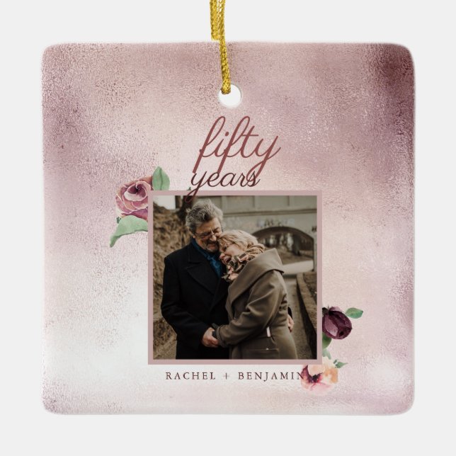 50 Year Wedding Anniversary Rose Gold Glitter Ceramic Ornament (Front)