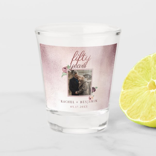 50 Year Wedding Anniversary Rose Gold Glitter  Shot Glass (Front)