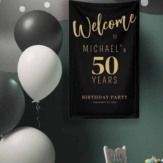 50 years birthday name personalised black gold banner (Creator Uploaded)