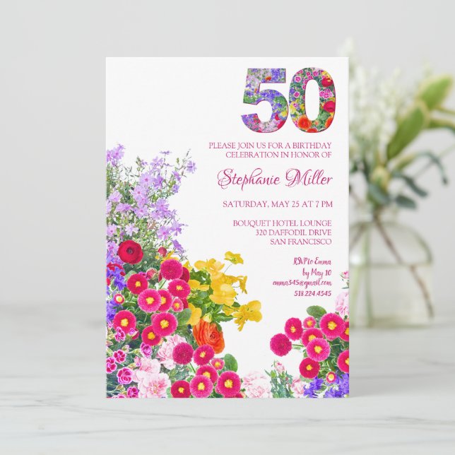 50 Years Elegant Garden Floral – 50th Birthday Invitation (Standing Front)