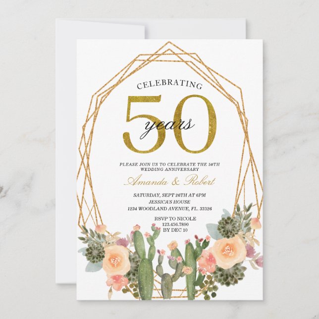 50 Years Floral Cactus Golden Wedding Anniversary Invitation (Front)