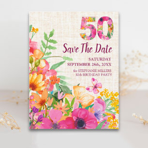 50 Years Flowers Floral Linen 50th Birthday Announcement Postcard