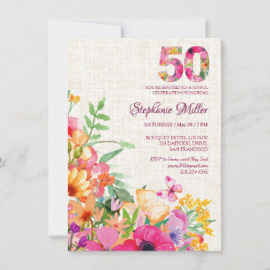 50 Years Flowers Floral Linen 50th Birthday Invitation