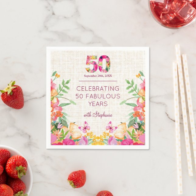 50 Years Flowers Floral Linen 50th Birthday Napkin (Insitu)