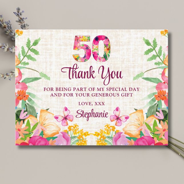 50 Years Flowers Floral Linen 50th Birthday Thanks Postcard (Creator Uploaded)