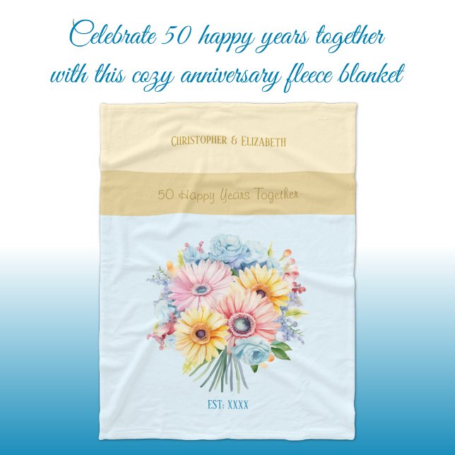 50 years gold anniversary flowers blue fleece blanket (Creator Uploaded)