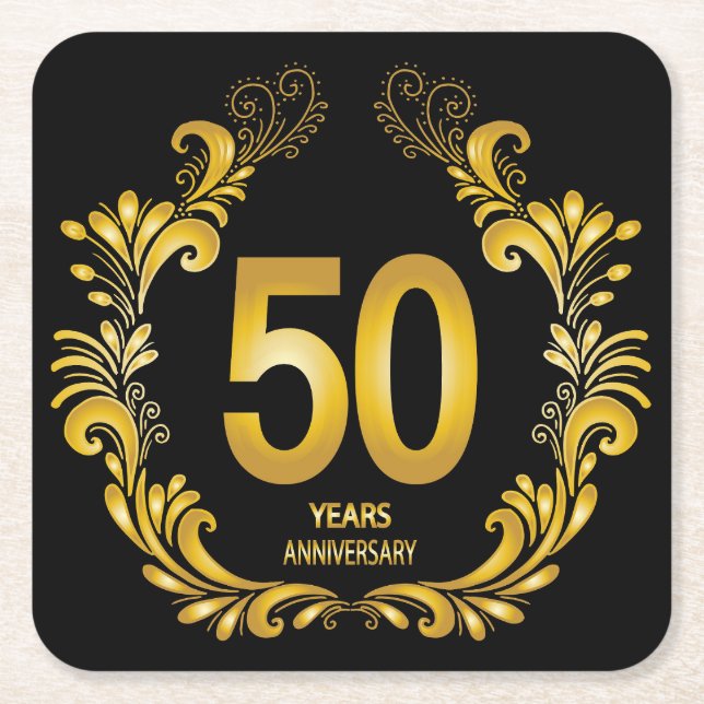 50 Years Gold Glitter Anniversary Square Paper Coaster (Front)
