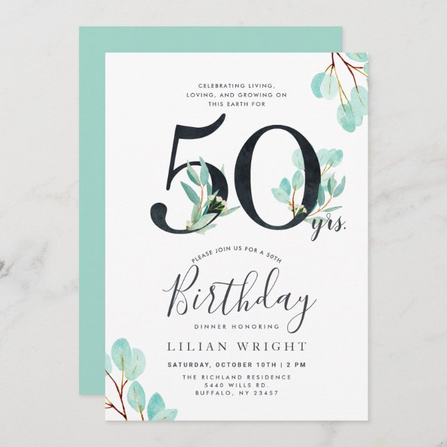 50 Years Growing | 50th Birthday | Eucalyptus Invitation (Front/Back)