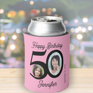 50 years Happy Birthday pink black 2 photos name Can Cooler