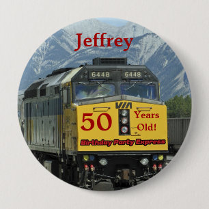 50 Years Old, Railroad Train Birthday Button Pin