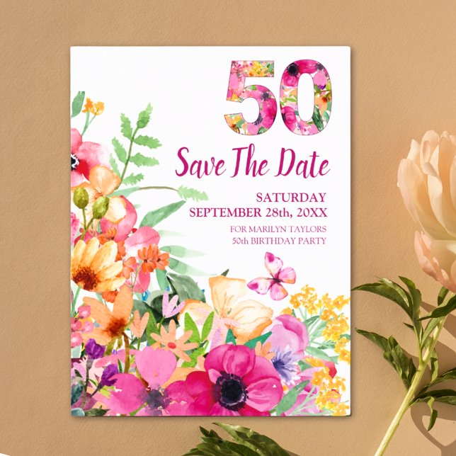 50 years save date flowers 50th birthday postcard (Creator Uploaded)