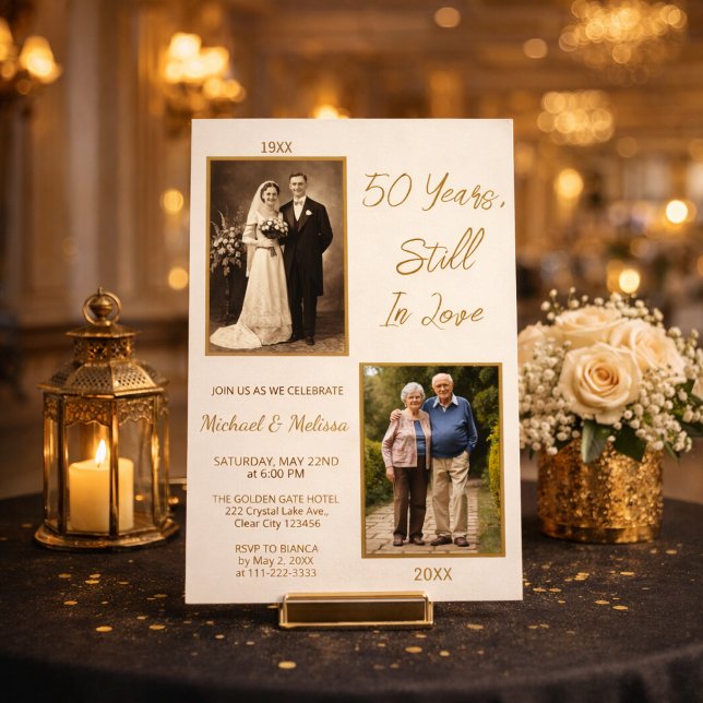 50 Years Still In Love Gold Invitation (Golden anniversary invitation with then and now photos in elegant ivory and gold)