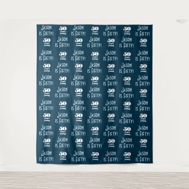 50 Years Young Party Backdrop Step and Repeat Tapestry (Front)