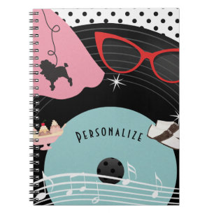 50's 1950's Record Retro Poodle Skirt & Glasses Notebook
