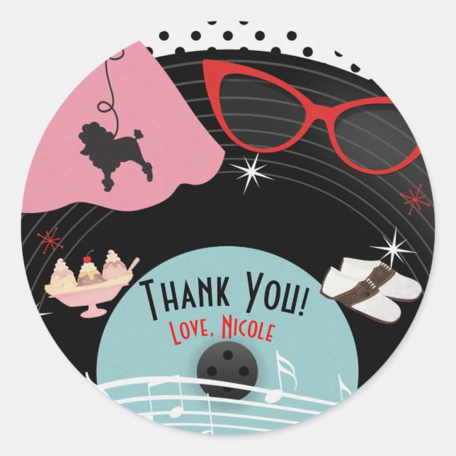 50's 1950's Record Theme Party Custom Favour Classic Round Sticker (Front)