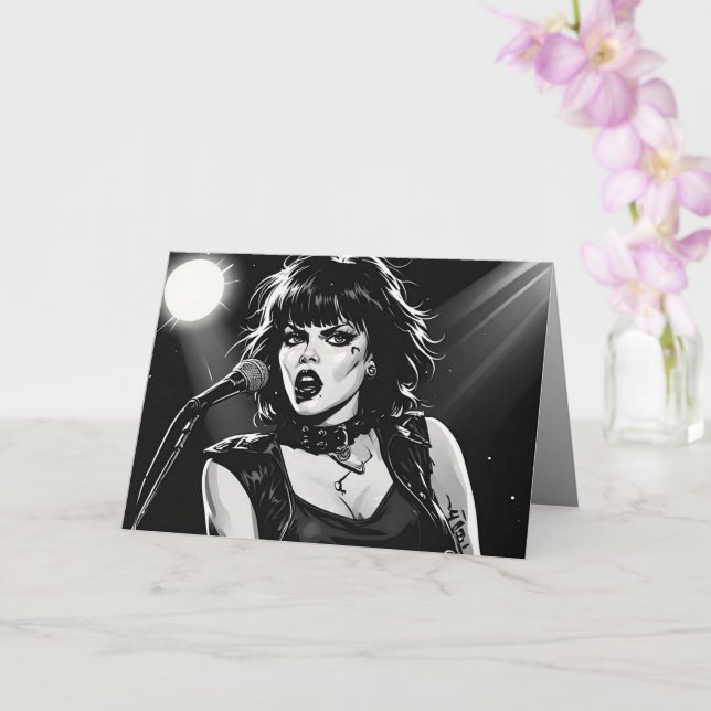 50s BW Graphic Comic Style Goth Punk  Singer  Card (Orchid)