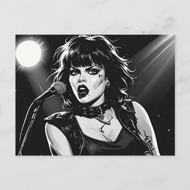 50s BW Graphic Comic Style Goth Punk  Singer  Postcard (Front)