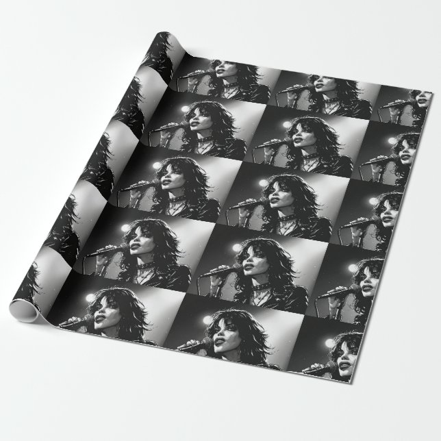 50s BW Graphic Comic Style Goth Punk  Singer  Wrapping Paper (Unrolled)