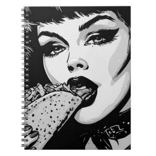 50s BW Graphic Style Goth Girl Eating a Taco Notebook