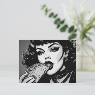 50s BW Graphic Style Goth Girl Eating a Taco Postcard