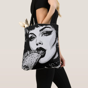 50s BW Graphic Style Goth Girl Eating a Taco Tote Bag