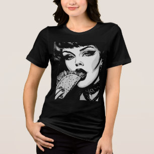 50s BW Graphic Style Goth Girl Eating a Taco Tri-Blend Shirt