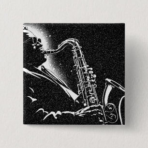 50s BW Graphic Style Saxophone Player 15 Cm Square Badge