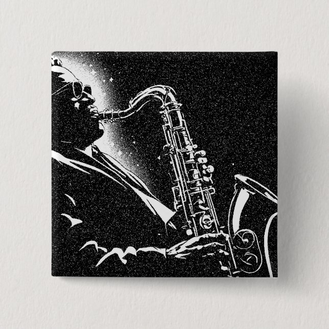 50s BW Graphic Style Saxophone Player 15 Cm Square Badge (Front)