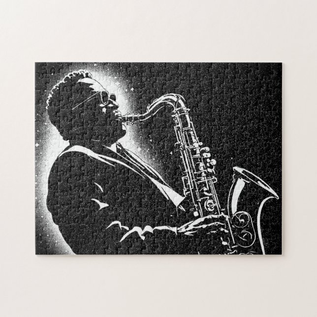 50s BW Graphic Style Saxophone Player Jigsaw Puzzle (Horizontal)