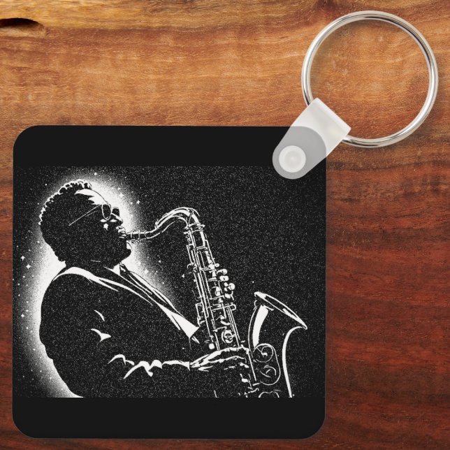 50s BW Graphic Style Saxophone Player Key Ring (Back)