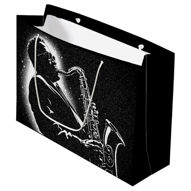 50s BW Graphic Style Saxophone Player Large Gift Bag (Front Angled)