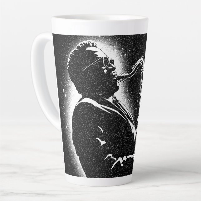 50s BW Graphic Style Saxophone Player Latte Mug (Left Angle)