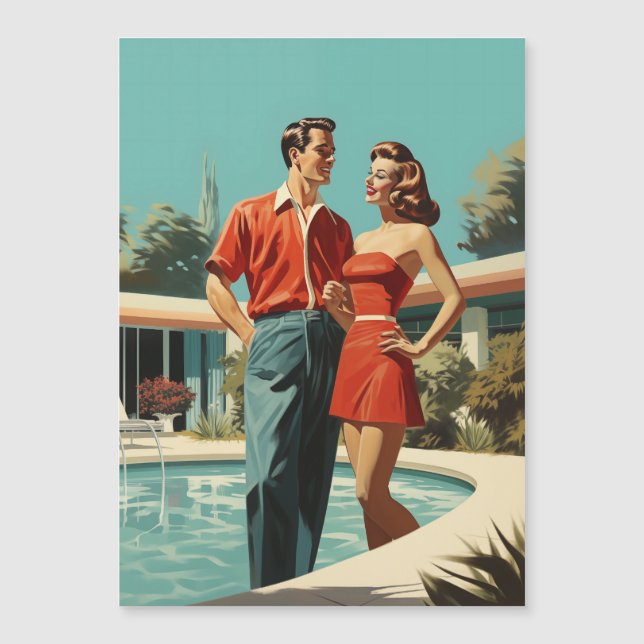 50s Couple By The Pool Magnetic Invitation (Front)