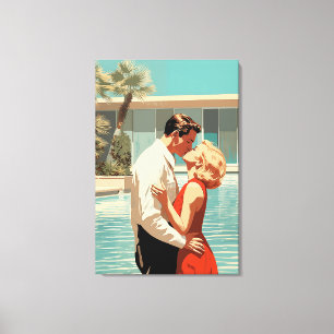 50s Couple Kissing By The Pool Canvas Print