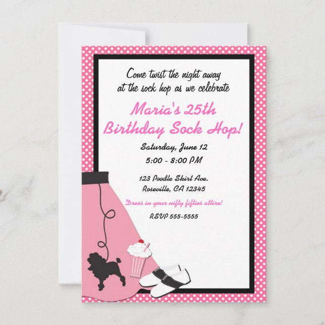 50's fifties Sock Hop Pink Poodle Skirt Party Invitation (Front)