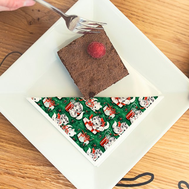 50's Green Vintage Christmas Pattern with Kittens Napkin (Creator Uploaded)