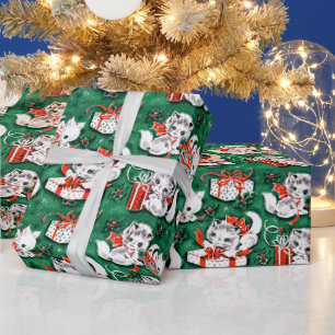 50's Green Vintage Christmas Pattern with Kittens Wrapping Paper