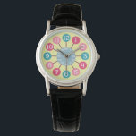 50s Retro Atomic Starburst Midcentury Modern Watch<br><div class="desc">This minimalist watch design is inspired by retro 1950s atomic clocks. The white numbers are in circles of various vintage shades of pink and blue. They spider outward from a round centre in a grey-blue hue that counts the seconds / minutes. It's a simple, bold modern midcentury design. It all...</div>