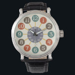 50s Retro Atomic Starburst Midcentury Modern Watch<br><div class="desc">This fun wristwatch design is inspired by retro 1950s atomic clocks. The beige numbers are in circles of various vintage shades of orange, brown and teal blue. They spider outward from a round centre in a grey hue that counts the seconds / minutes. It's a simple, bold modern midcentury design...</div>