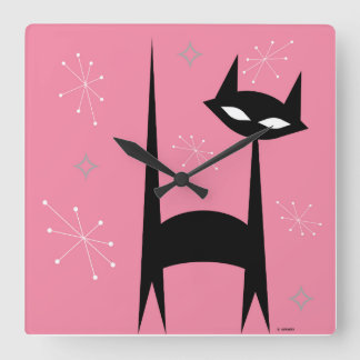 50's Retro Black Cat Pink Pop Art Clock