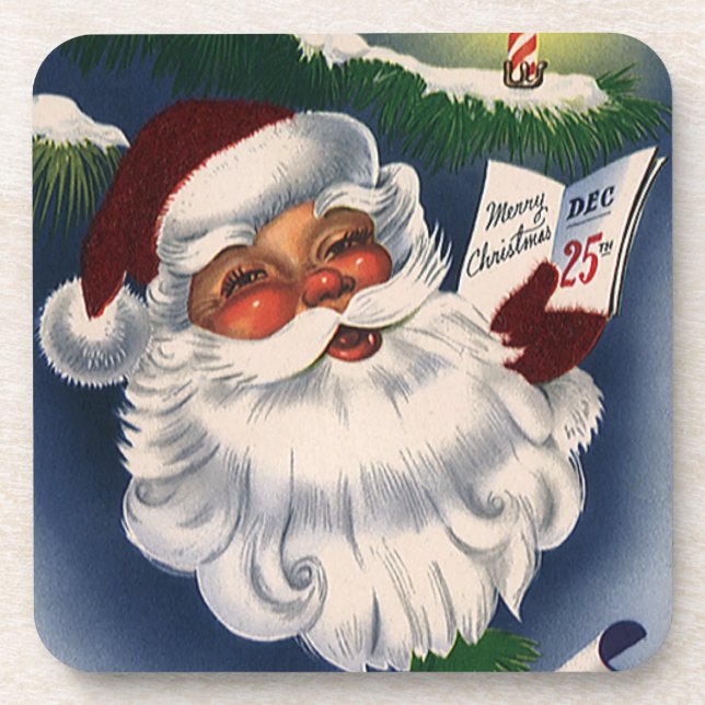 50s Retro Jolly Santa Claus, Vintage Christmas Coaster (Front)