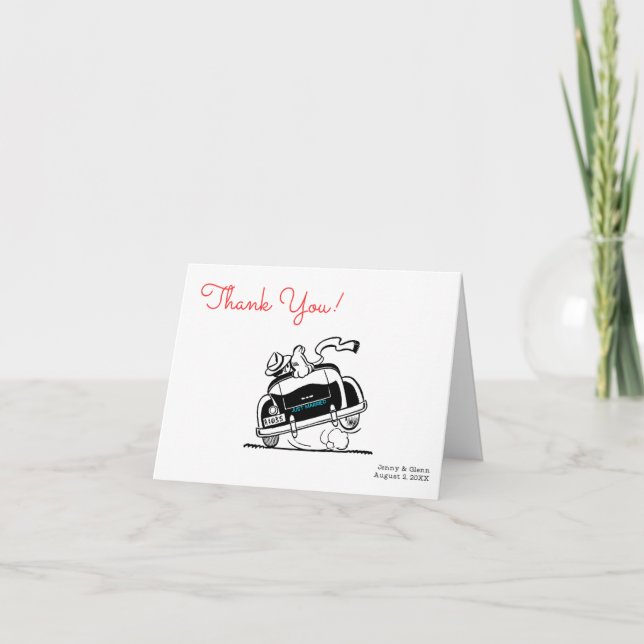 50s Style Couple in Car Wedding  Thank You Card (Front)